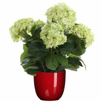 Mica Decorations Hortensia kunstplant/kunstbloemen 45 cm - groen - in pot rood glans