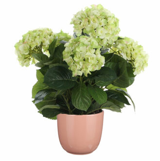 Mica Decorations Hortensia kunstplant/kunstbloemen 45 cm - groen - in pot roze glans - Kunstplanten