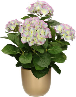 Mica Decorations Hortensia kunstplant/kunstbloemen 45 cm - paars/groen - in pot goud glans - Kunstplanten Goudkleurig