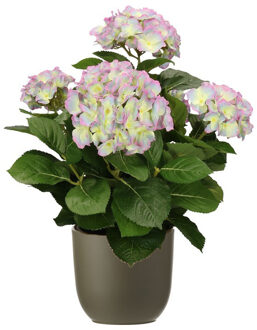 Mica Decorations Hortensia kunstplant/kunstbloemen 45 cm - paars/groen - in pot olijfgroen mat - Kunstplanten