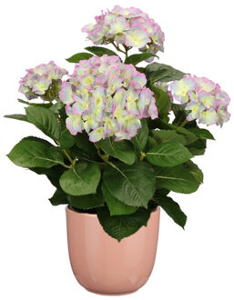 Mica Decorations Hortensia kunstplant/kunstbloemen 45 cm - paars/groen - in pot roze glans - Kunstplanten