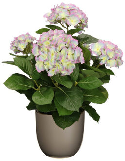 Mica Decorations Hortensia kunstplant/kunstbloemen 45 cm - paars/groen - in pot taupe mat - Kunstplanten