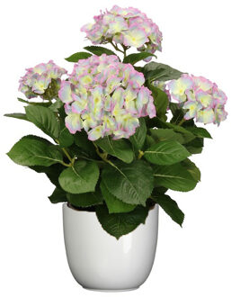 Mica Decorations Hortensia kunstplant/kunstbloemen 45 cm - paars/groen - in pot wit glans - Kunstplanten