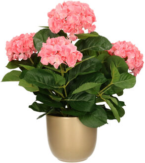 Mica Decorations Hortensia kunstplant/kunstbloemen 45 cm - roze - in pot goud glans - Kunstplanten Goudkleurig