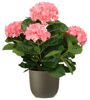 Mica Decorations Hortensia kunstplant/kunstbloemen 45 cm - roze - in pot olijfgroen mat - Kunstplanten