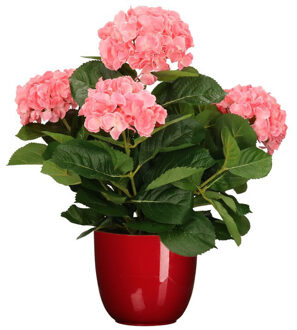 Mica Decorations Hortensia kunstplant/kunstbloemen 45 cm - roze - in pot rood glans - Kunstplanten