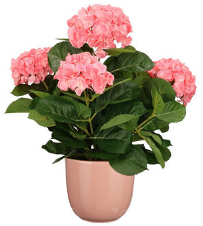 Mica Decorations Hortensia kunstplant/kunstbloemen 45 cm - roze - in pot roze glans - Kunstplanten