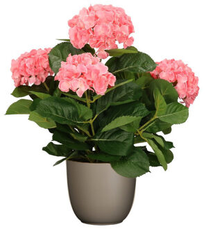 Mica Decorations Hortensia kunstplant/kunstbloemen 45 cm - roze - in pot taupe mat - Kunstplanten