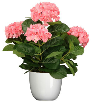 Mica Decorations Hortensia kunstplant/kunstbloemen 45 cm - roze - in pot wit glans - Kunstplanten