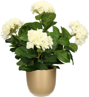 Mica Decorations Hortensia kunstplant/kunstbloemen 45 cm - wit - in pot goud glans - Kunstplanten Goudkleurig