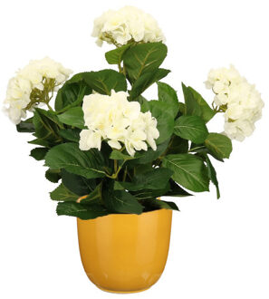 Mica Decorations Hortensia kunstplant/kunstbloemen 45 cm - wit - in pot okergeel glans