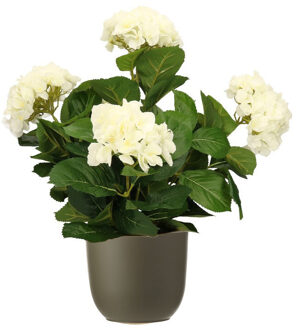 Mica Decorations Hortensia kunstplant/kunstbloemen 45 cm - wit - in pot olijfgroen mat - Kunstplanten