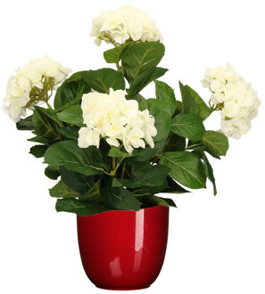 Mica Decorations Hortensia kunstplant/kunstbloemen 45 cm - wit - in pot rood glans - Kunstplanten