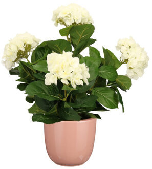 Mica Decorations Hortensia kunstplant/kunstbloemen 45 cm - wit - in pot roze glans - Kunstplanten