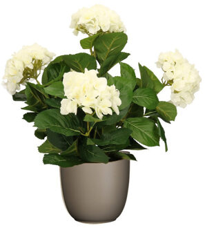 Mica Decorations Hortensia kunstplant/kunstbloemen 45 cm - wit - in pot taupe mat - Kunstplanten