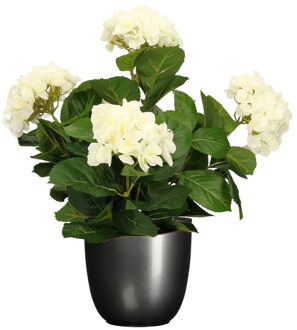 Mica Decorations Hortensia kunstplant/kunstbloemen 45 cm - wit - in pot titanium grijs glans - Kunstplanten