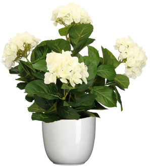 Mica Decorations Hortensia kunstplant/kunstbloemen 45 cm - wit - in pot wit glans - Kunstplanten