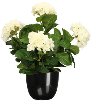 Mica Decorations Hortensia kunstplant/kunstbloemen 45 cm - wit - in pot zwart glans - Kunstplanten