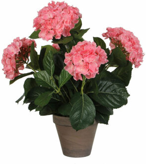 Mica Decorations hortensia roze in pot stan grijs d13,5 maat in cm: