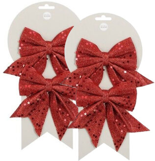 Mica Decorations Kerst ornamenten strikken - 4x st - rood met glitter - 12 x 13 cm - kerstboomstrikjes