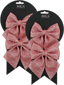 Mica Decorations Kerst ornamenten strikken - 4x st - roze met glitter - 12 x 13 cm - kerstboomstrikjes