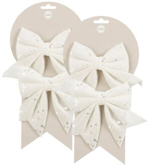 Mica Decorations Kerst ornamenten strikken - 4x st - wit met glitter - 12 x 13 cm - kerstboomstrikjes