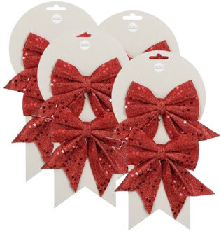 Mica Decorations Kerst ornamenten strikken - 8x st - rood met glitter - 12 x 13 cm - kerstboomstrikjes