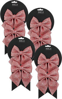 Mica Decorations Kerst ornamenten strikken - 8x st - roze met glitter - 12 x 13 cm - kerstboomstrikjes