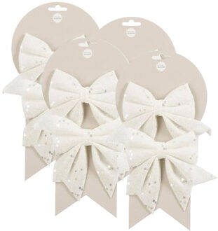 Mica Decorations Kerst ornamenten strikken - 8x st - wit met glitter - 12 x 13 cm - kerstboomstrikjes