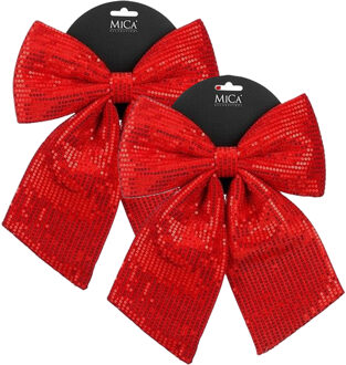 Mica Decorations Kerst strik ornament - 2x - rood - 24 x 28 cm - polyester pailletten - kerststrik - kerstversiering