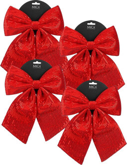 Mica Decorations Kerst strik ornament - 4x - rood - 24 x 28 cm - polyester pailletten - kerststrik - kerstversiering