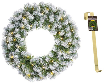 Mica Decorations Kerstkrans/deurkrans groen met verlichting 30 lampjes en sneeuw 60 cm en met gouden hanger