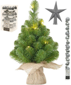 Mica Decorations Kunst kerstboom - H60 cm - met verlichting en versiering - zilver 31-delig
