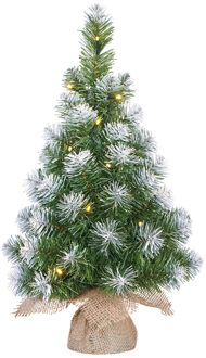 Mica Decorations Kunst kerstboom/kunstboom in jute zak met verlichting en sneeuw 60 cm Groen