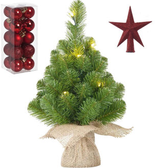 Mica Decorations Kunst kerstboom met 10 LED lampjes 45 cm inclusief rode versiering 21-delig - Kunstkerstboom Rood