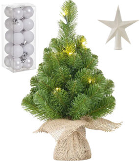 Mica Decorations Kunst kerstboom met 10 LED lampjes 45 cm inclusief witte versiering 21-delig - Kunstkerstboom