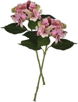 Mica Decorations Kunstbloem Hortensia tak - 2x - roze - 51 cm - losse steel - Kunst zijdebloemen