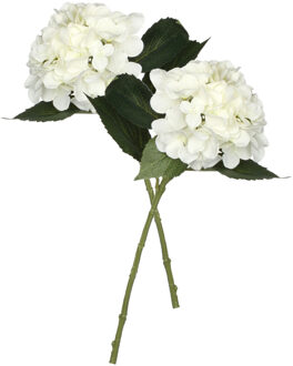 Mica Decorations Kunstbloem Hortensia tak - 2x - wit - 51 cm - losse steel - Kunst zijdebloemen