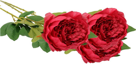 Mica Decorations Kunstbloem pioenroos - 3x - donker roze - 76 cm - polyester - decoratie bloemen