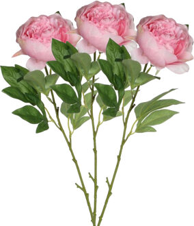 Mica Decorations Kunstbloem pioenroos - 3x - roze - 76 cm - polyester - decoratie bloemen