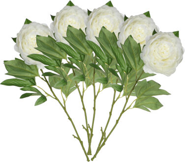 Mica Decorations Kunstbloem pioenroos - 5x - Creme - 76 cm - polyester - decoratie bloemen