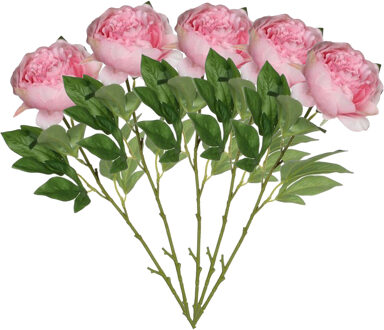 Mica Decorations Kunstbloem pioenroos - 5x - roze - 76 cm - polyester - decoratie bloemen