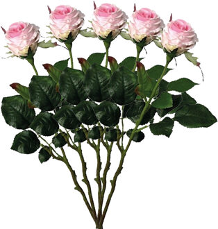 Mica Decorations Kunstbloem roos Elena - 5x - roze - 48 cm - kunststof steel - decoratie bloemen