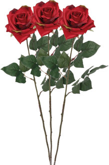 Mica Decorations Kunstbloem Roos Emily - 3x - 66 cm - rood - polyester - kunststof - kunstbloemen