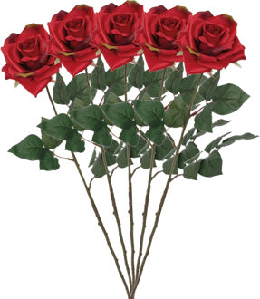 Mica Decorations Kunstbloem Roos Emily - 5x - 66 cm - rood - polyester - kunststof - kunstbloemen