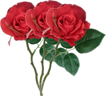 Mica Decorations Kunstbloem roos Emy - 3x - rood - 31 cm - kunststof - decoratie bloemen