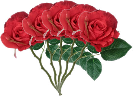 Mica Decorations Kunstbloem roos Emy - 5x - rood - 31 cm - kunststof - decoratie bloemen