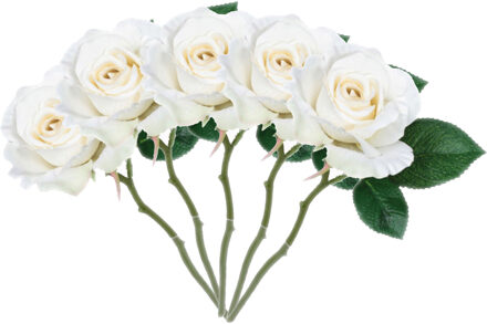 Mica Decorations Kunstbloem roos Emy - 5x - wit - 31 cm - kunststof - decoratie bloemen