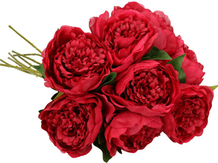 Mica Decorations Kunstbloemen boeket pioenroos - 8x - donker roze - 76 cm - polyester - decoratie bloemen