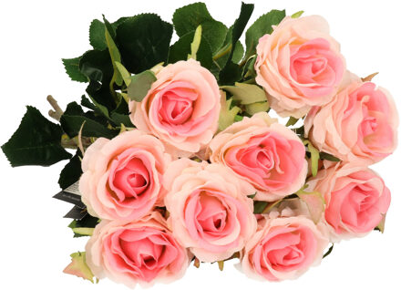 Mica Decorations Kunstbloemen boeket roos Elena - 8x - roze - 48 cm - kunststof steel - decoratie bloemen